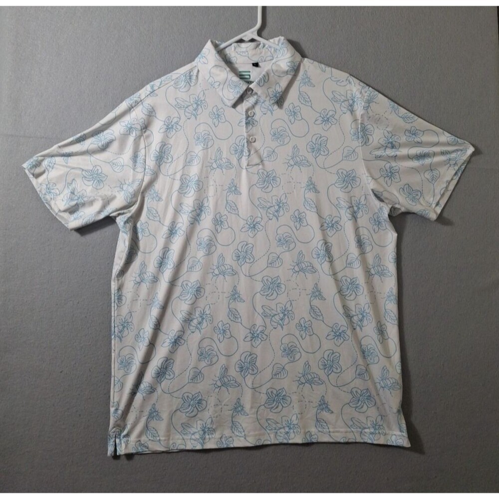 Three Sixty Six  Polo Mens L Golf Stretch Performance White Blue Floral Bees AOP